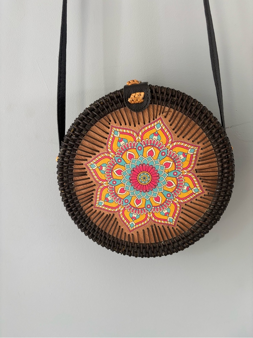 Woven Round Crossbody Bag with Colorful Mandala - Brown